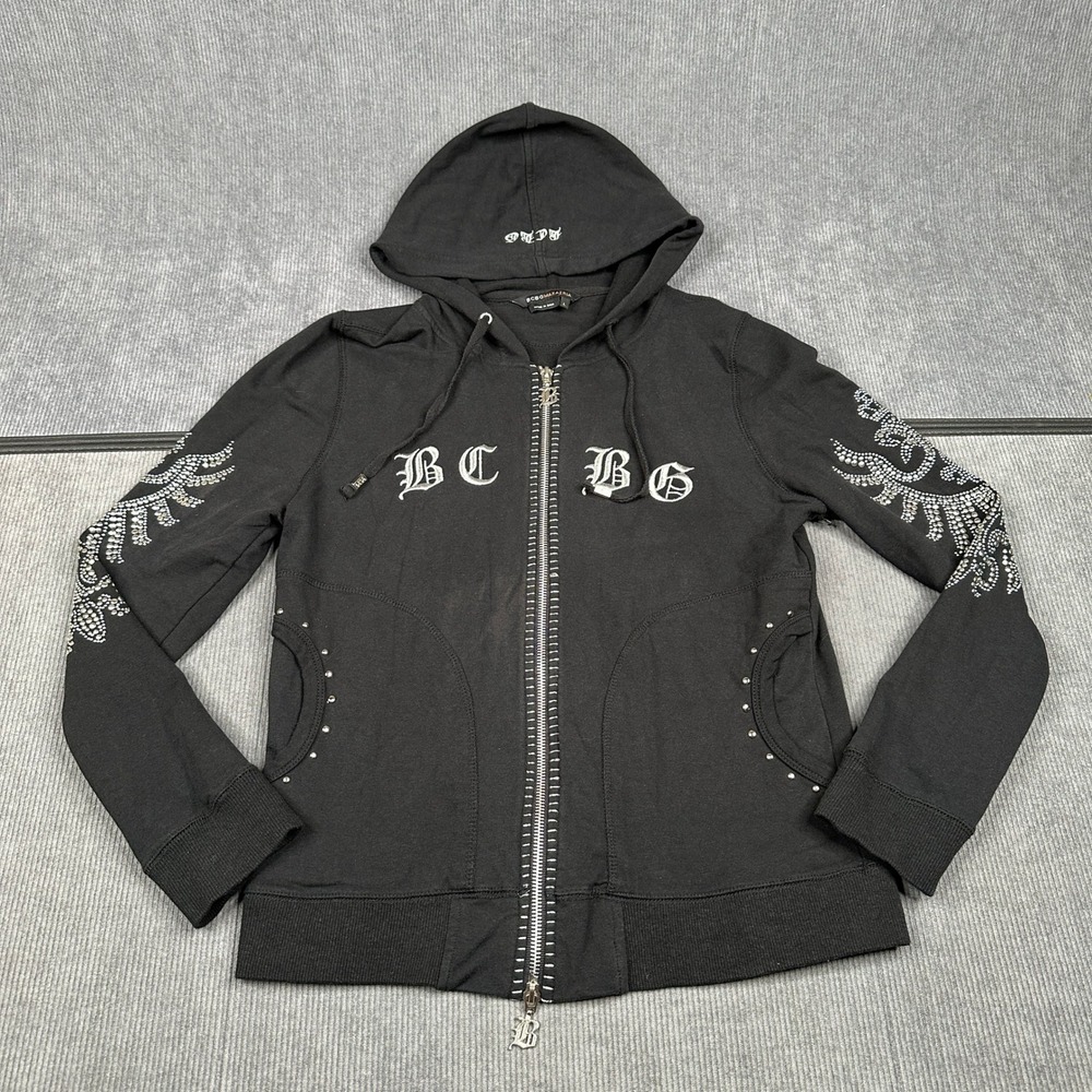 BCBG Max Azria Black Rhinestone Wing Zip Up Hoodie Old English Logo Y2K Large